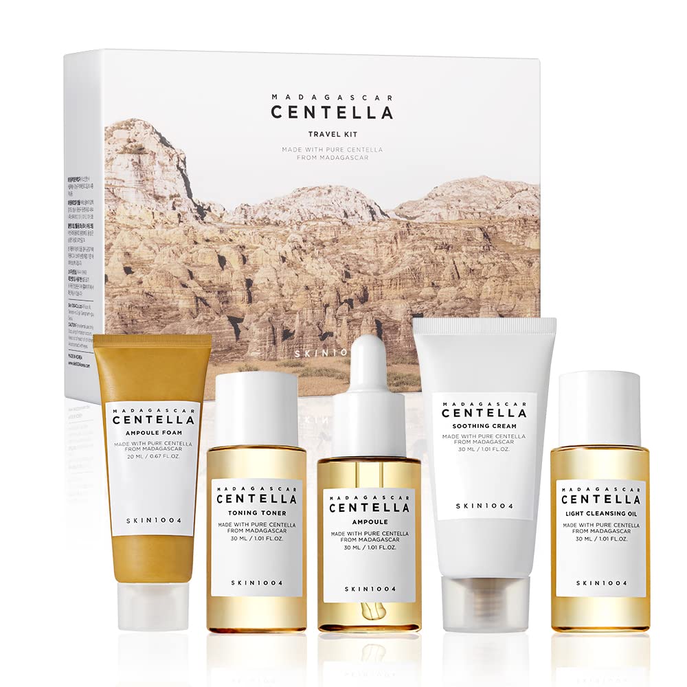 SKIN1004 Madagascar Centella Travel Kit, Toner, Ampoule, Soothing Cream, Cleansing Oil, Ampoule Foam, Basic Skincare Box, Compact Size, Gift Sets, Mothers Day Gifts for Mom Gifts for Women, Trial Kit